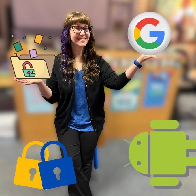 Mrs. Karpiuk with a few graphic icons such as Google, Android, padlocks to represent data privacy, and a folder of data around her.