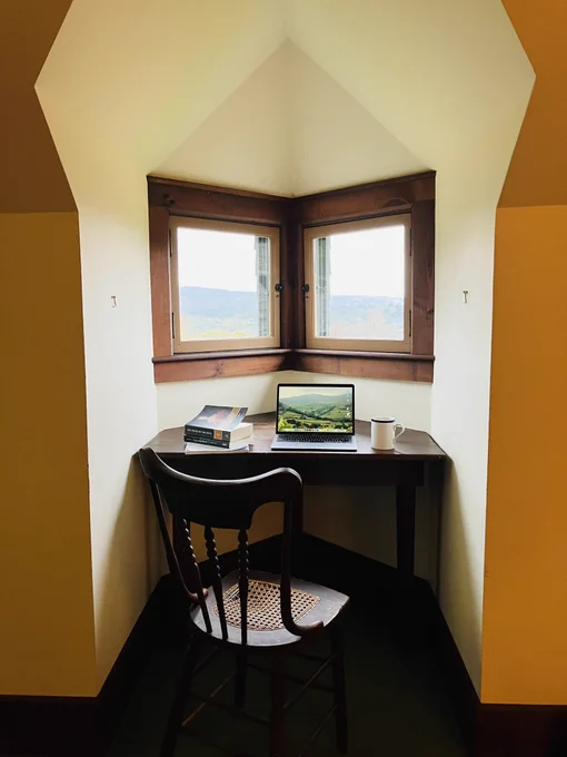 Writing nook: window, desk, chair, coffee, etc.