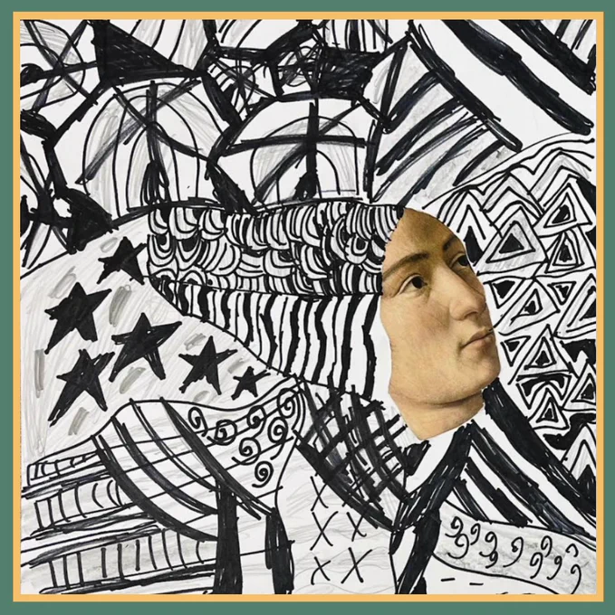 Kid-made art. A three-quarter profile face in color is surrounded by designs drawn in black sharpie on a white background. Some gray pencil has been used to color in some spaces.
