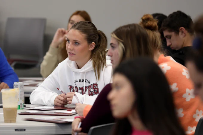 Students listen to the keynote speaker during the Learning Expo, held Wednesday, Oct. 18, 2023 at Northern State University in Aberdeen, SD.