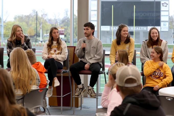 Current Northern State University School of Education students talk about why they decided to study teaching during the Learning Expo, held Wednesday, Oct. 18, 2023 at Northern State University in Aberdeen, SD.