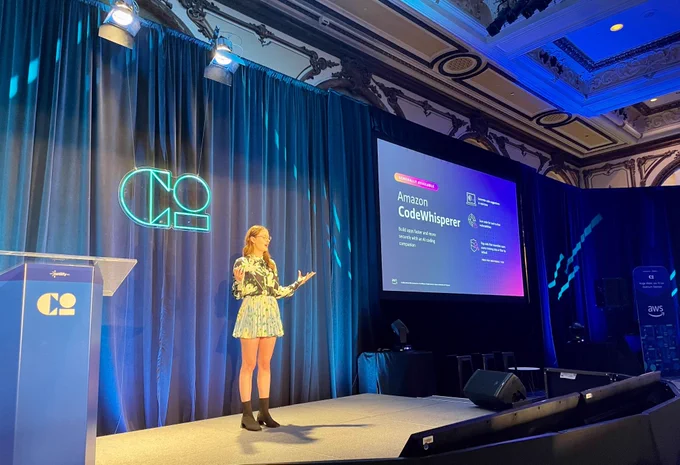 Brooke on stage at Netlify Compose talking about Amazon CodeWhisperer