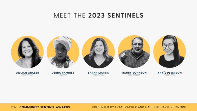 A graphic announcing the 2023 Community Sentinel Award winners with a light grey background and icons with black and white images of five individuals. From left to right: Gillian Graber, Debra Ramirez, Sarah Martik, Maury Johnson, and Anaïs Peterson.