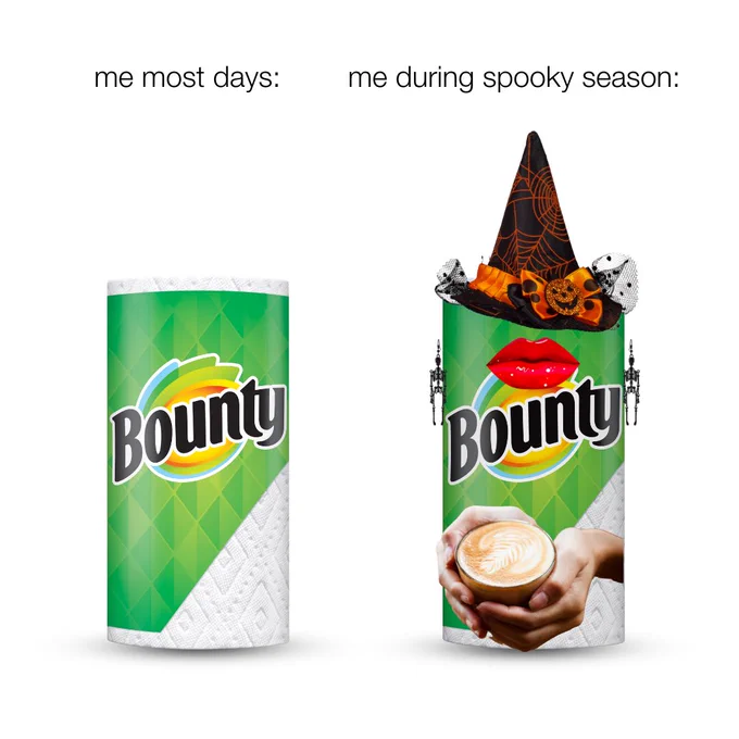 A plain Bounty roll next to a Bounty roll holding a latte and wearing a witch hat and skeleton earrings