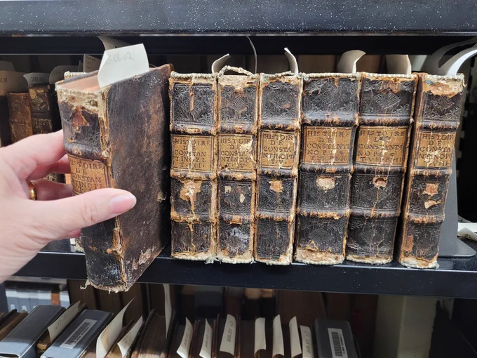 A hand pulling a book from a row of books on a shelf.