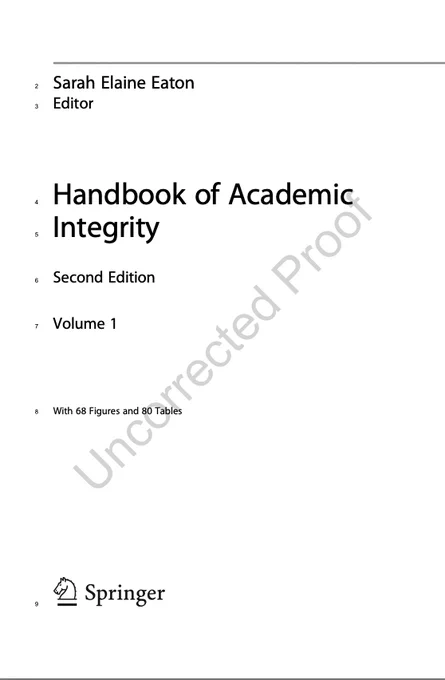 Title page of the uncorrected proofs of the Handbook of Academic Integrity (2nd ed.)