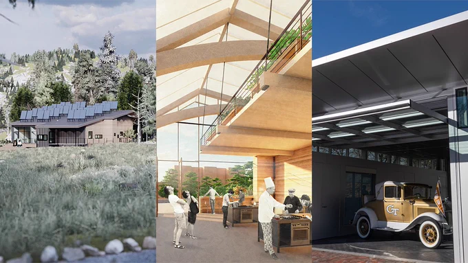 Composite image featuring renders of two design proposals and a photo of the Reck Garage at Georgia Tech.