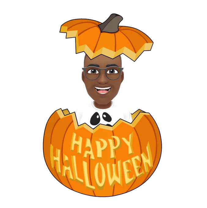 An excited Bitmoji avatar wearing his ghost tee pops out of a carved pumpkin that says, HAPPY HALLOWEEN
