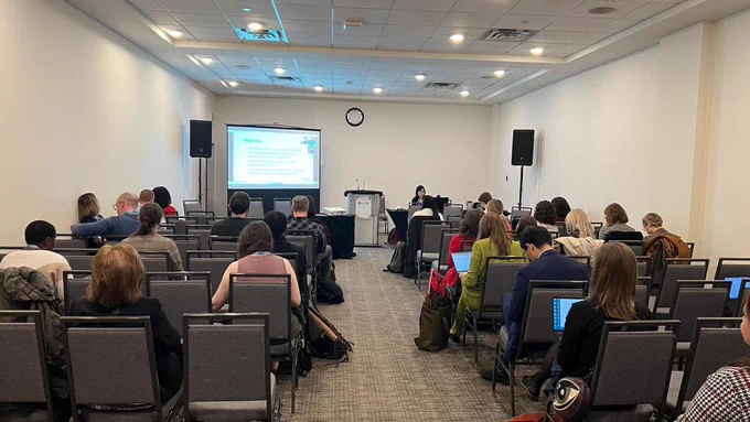 A view of the conference room during her presentation. 