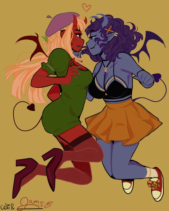 A completed coloring page of two fashionable demon girls with tails with hearts on the ends, looking into eachother's eyes. The red one on the left wears a short green puff sleeve dress, purple beret, transparent garter socks and heels and looks apprehensive. The blue one on the right flirts with her, wearing a black harness bra and a pleated dark amber skirt with a pair of red shoes with spooky stripey laces. The entire color palette is very autumnal, and there is a heart above the lesbians' heads. In the bottom left corner is a signature that reads 'Celi & Jams' (line artist and colorist)