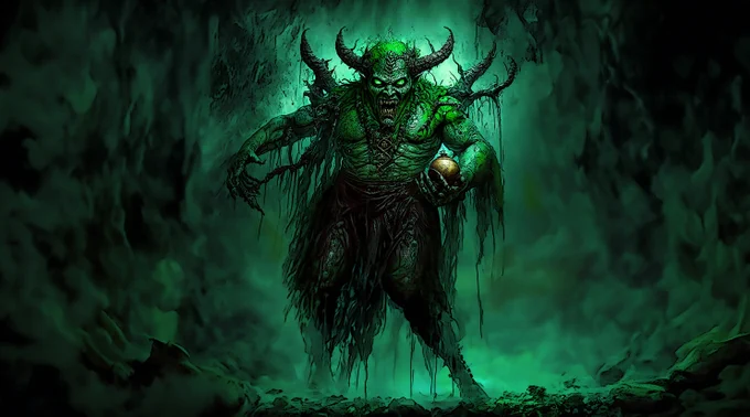 Green demon from hell holding a gold orb