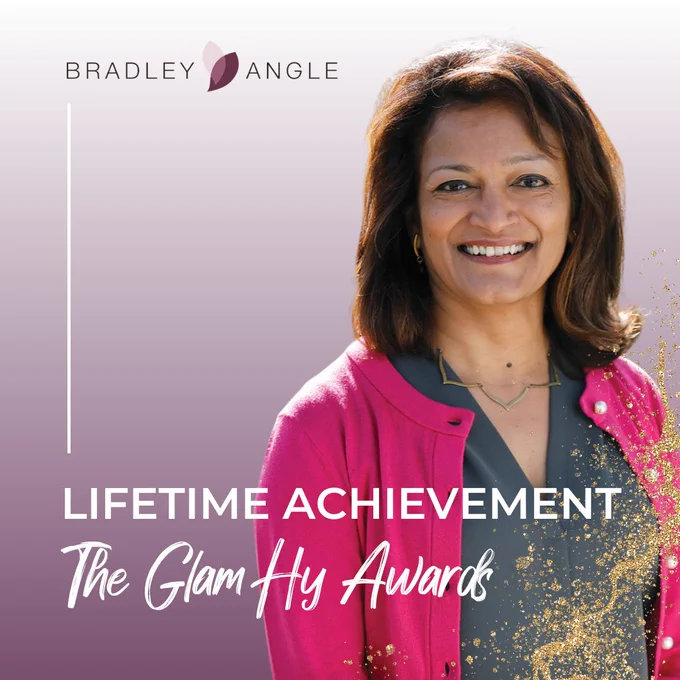 A photo of Commissioner Jayapal. Text reads "Bradley Angle Lifetime Achievement. The GlamHy Awards