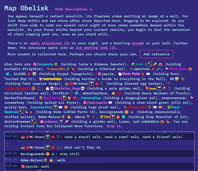 A screenshot of the Map Obelisk room with over 20 users in it. Chat transcript:
MC-Alexei: need a snack? eels. need a rope? eels. need a friend? eels! what can't they do
kevingranade: stay still
Adam-Nelson: walk
jaycie: walk