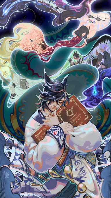 The artwork features a male miqo'te, centered near the bottom of a tall image. He is cradling a book called "The Unending Journey," which contains details of all the adventures a player experiences throughout FFXIV's expansions. From the pages pressed to his chest a swirling cloud of ink seeps towards the canvas' sky. Within the ink impactful moments flit by, dotted by the final image of a blue bird darting through the night sky towards the beyond. The miqote's eyes are closed, his mages' robes billowing. The book and its contents are a testament to ten years of magic, friendship, tears and laughter, and a promise of many years more.