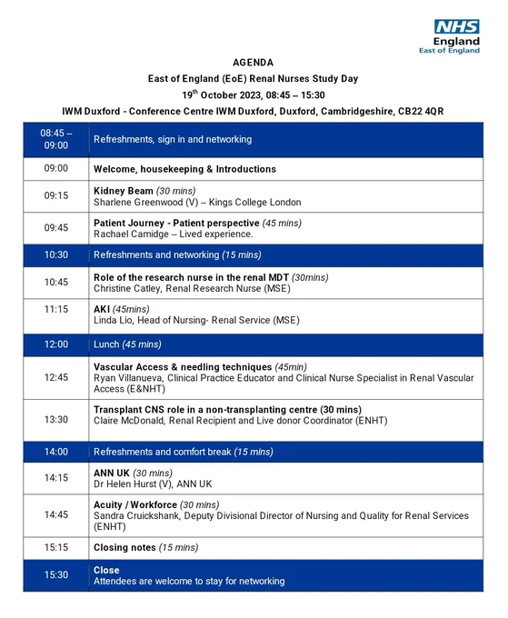Agenda for the East of England Enal Nurses study day at IWM Duxford 19.10.23