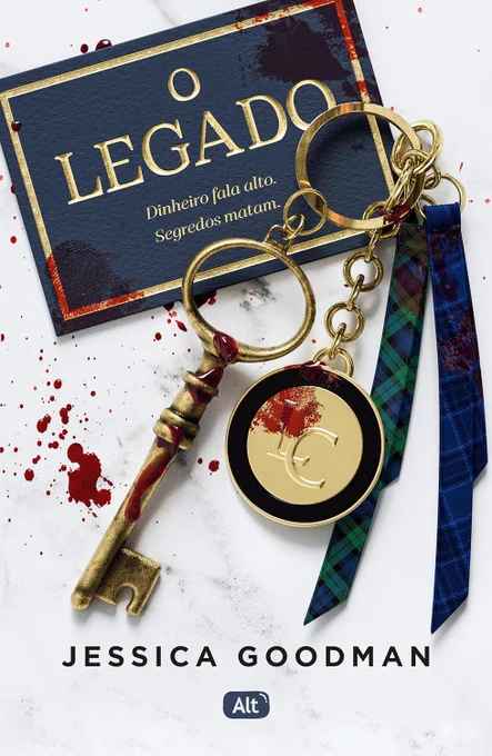 Capa do livro. Fundo de mármore. No centro, fotografia de uma chave dourada e ensanguentada, com um chaveiro com o logo do Clube do Legado. Na parte superior, em uma etiqueta de couro, o título. No centro inferior, nome da autora, Jessica Goodman.