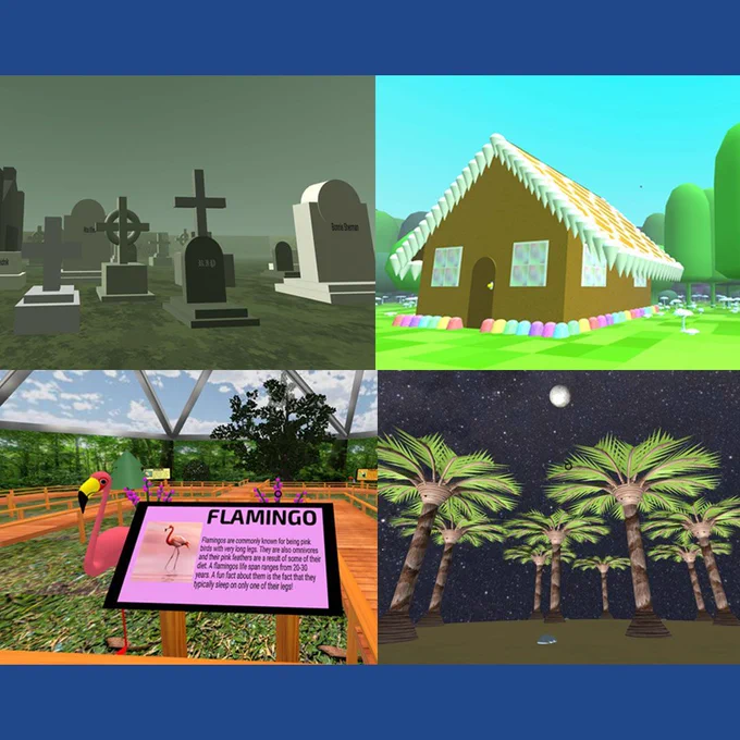 collage of screen grabs of four different virtual world creations by students in GAME 180N, courtesy
