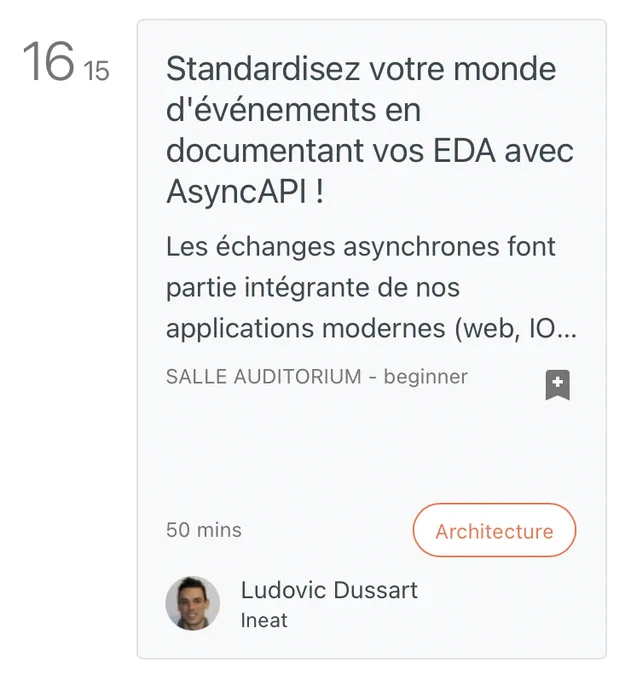 Capture d'écran du programme cloud nord décrivant l'horaire du talk, 16 heures 15 et le titre "Standardisez votre monde d'événements en documentant vos EDA avec AsyncAPI !"