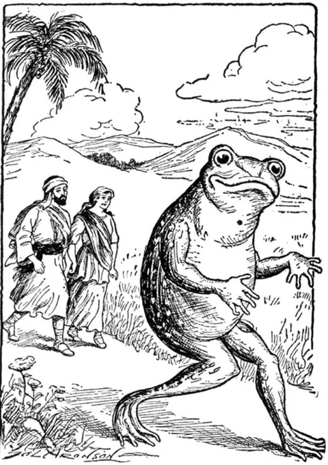 illustration of enormous frog skulking down the road, from a vintage children's Bible storybook