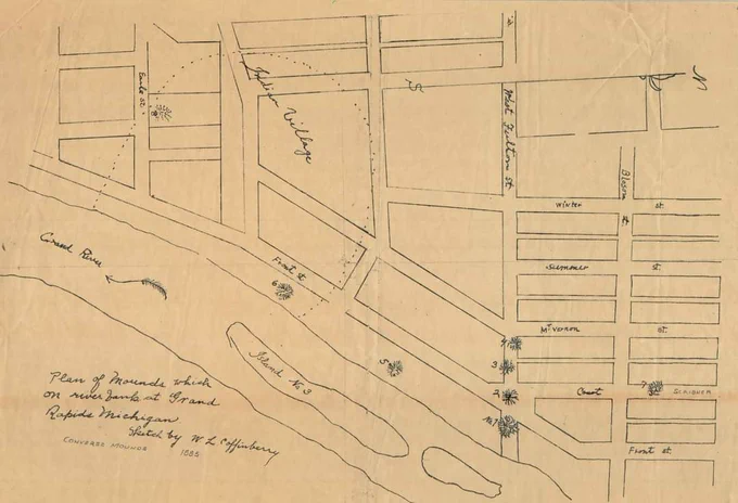 1885 map of early streets of grand Rapids with locations marked of 7 locations where Native American Burial mounds used to be. The Grand River in the map includes islands
