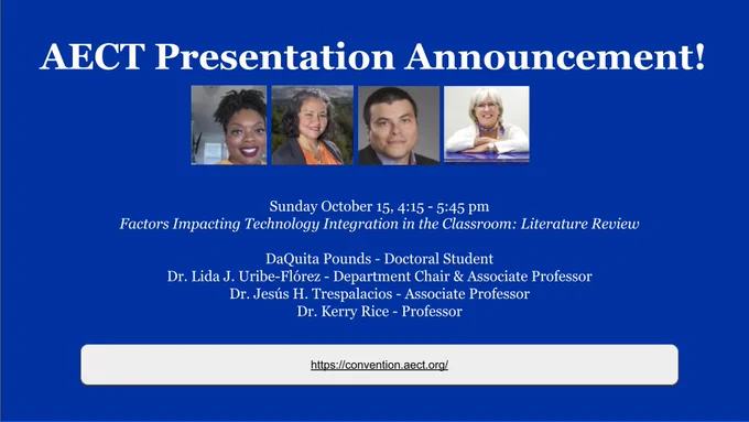 Join us for our @AECT presentation Factors Impacting Technology Integration in the Classroom: A Literature Review. October 15, 4:15-5:15 EST Doctoral student DaQuita Pounds @EducatorDP and @DrUribeFlorez @JHTrespalacios @kerryrice @edtechbsu @OnlineBoise #Edtech