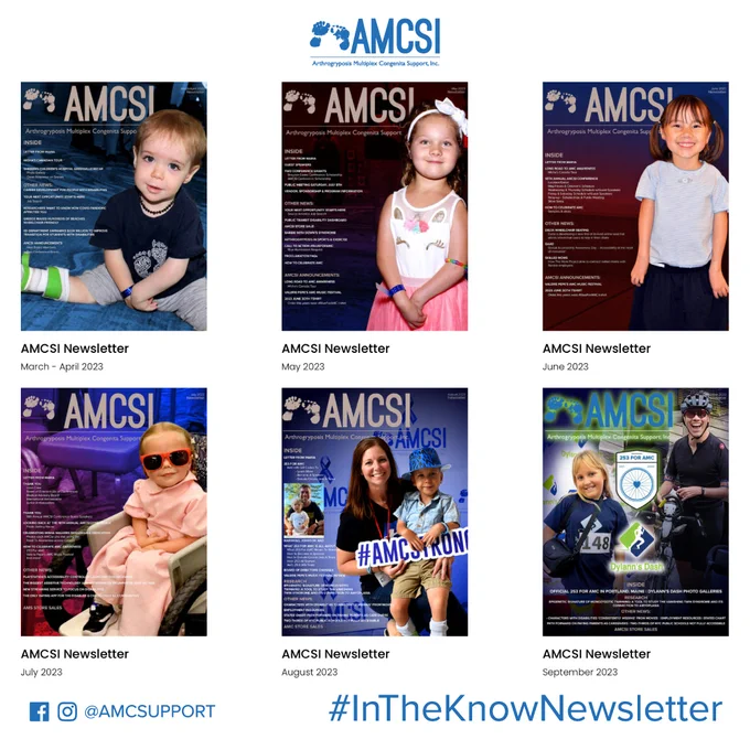 All of the AMCSI covers from March - September showing various AMC Community kids, Adults with their child & the latest events that took place in September such as Dylann’s dash & 253 For AMC featuring Dylann & Marshall with a white background. The AMCSI logo is centered in blue at the top, the Facebook & Instagram logos with @AMCSUPPORT is in blue at the bottom left & the hashtag #InTheKnowNewsletter in in blue in the bottom right.