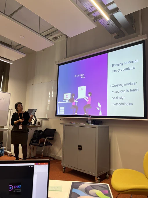 Woman looking at screen with Inclusion4Eu and text bringing co-design into CS curricula. creating modular resources to teach co-design methodologies