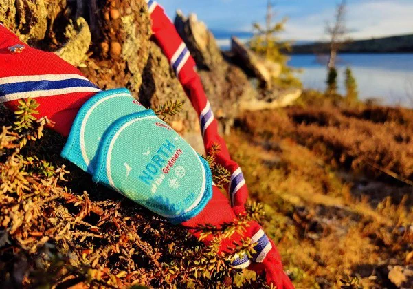 Pañoleta nacional noruega con un pasador con el lema del Roverway 2024: "North of the Ordinary"
