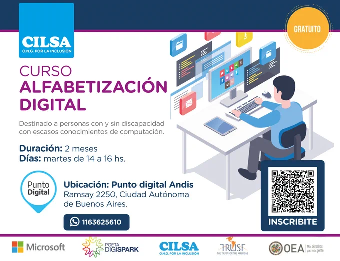 Flyer informativo con fondo blanco e ilustración de persona sentada en una silla, frente a una computadora. Logos de CILSA y PUNTO DIGITAL. Curso de ALFABETIZACIÓN DIGITAL. Duración 2 meses, días martes de 14 a 16 hs. Ubicación: Ramsay 2250, CABA. Destinado a personas con y sin discapacidad con escasos conocimientos de computación. Contacto: 116362-5610. Inscribite