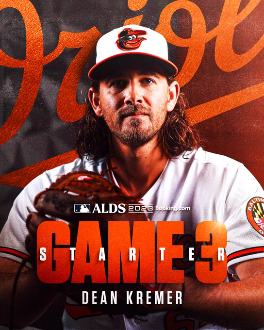 MLB ALDS 2023 | Booking.com

Game 3 Starter: Dean Kremer

The graphic features a picture of Kremer looking at the camera with a serious look on his face. He is wearing a white Orioles jersey with orange script text.