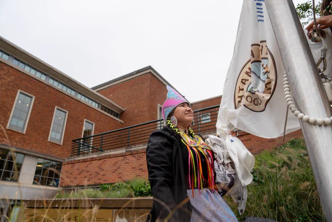 Students celebrating Indigenous Peoples Day at the University of Oregon during the tribal flag ceremony.