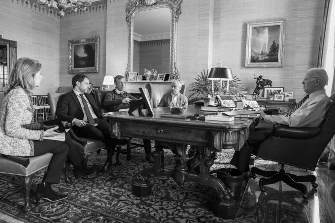 President Joe Biden meets with national security advisers about the situation in Israel after the terrorist attacks by Hamas, Monday, October 9, 2023, in the Treaty Room of the White House.
