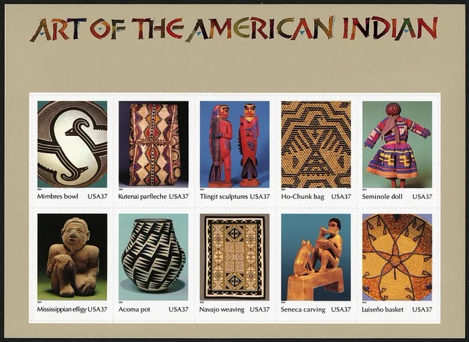 sheet of ten different postage stamps, each demonstrating American Indian artwork such as pottery, sculpture, wood-carving, weaving, beading, and painting.