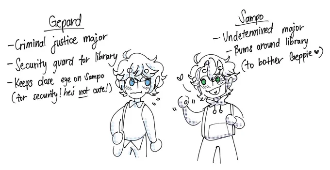 gepard
- criminal justice major
- security guard for library
- keeps close on sampo (for security! he's NOT cute!)

sampo
- undetermined major
- bums around library (to bother geppie)