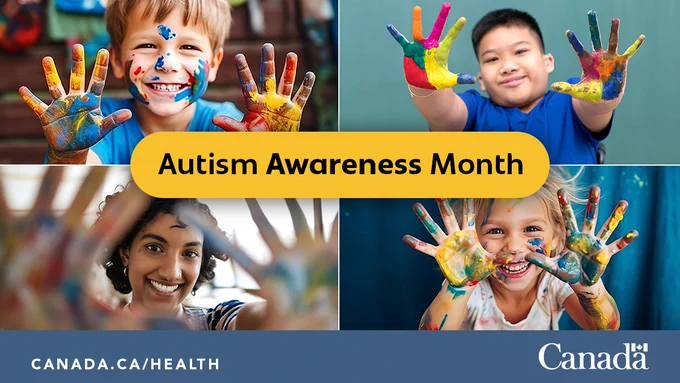 Four photos of people showing hands dirty with colorful paint. Top left: young boy in school, top right: boy in a wheelchair, bottom left: young women in a studio, bottom right: close up of a young girl. The text reads: Autism Awareness Month