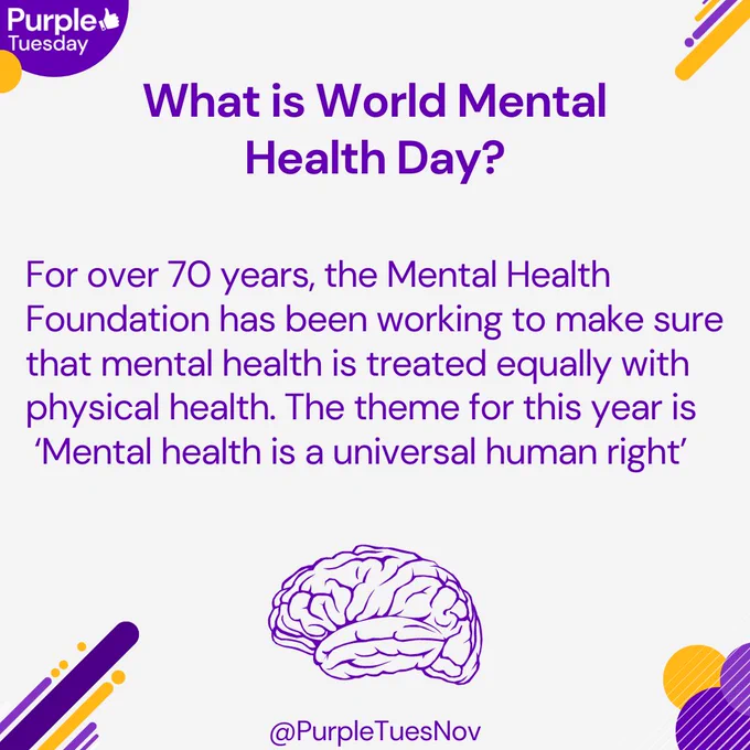 Text "What is World Mental Health Day? For over 70 years, the Mental Health Foundation has been working to make sure that mental health is treated equally with physical health. The theme for this year is ‘Mental health is a universal human right’"