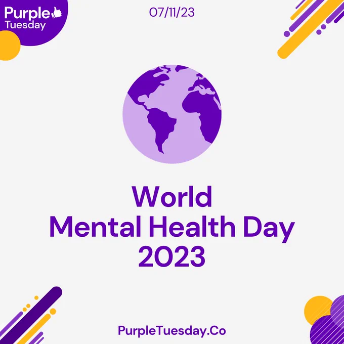 Clipart of the world shaded purple. Text 'World mental health day 2023. PurpleTuesday.Co'
