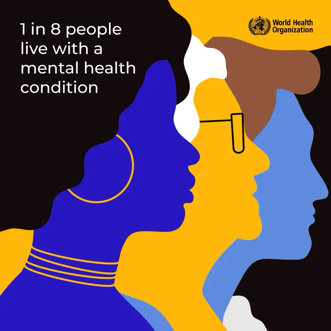 A colourful illustrative graphic showing the outlines of three people of different ethnicities and text reading, "1 in 8 people live with a mental health condition".