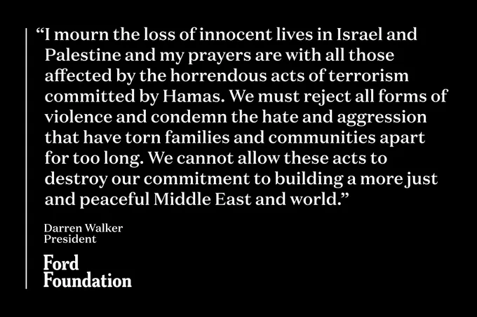 Alt text: Quote graphic with text reading, “I mourn the loss of innocent lives in Israel and Palestine and my prayers are with all those affected by the horrendous acts of terrorism committed by Hamas. We must reject all forms of violence and condemn the hate and aggression that have torn families and communities apart for too long. We cannot allow these acts to destroy our commitment to building a more just and peaceful Middle East and world.”