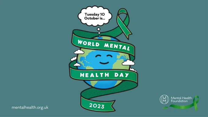 Cartoon Earth with a banner around it saying 'World Mental Health Day 2023'.