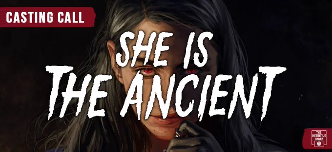 “An image reading “casting call: she is the ancient.” The background is a portrait of a woman with red eyes, long dark hair, and a slight smile.”