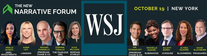 📢  Exciting news: WSJ is now an official partner of The New Narrative Forum! [Oct 19 | NYC]  
To reserve one of the few remaining tickets 👉 https://financialnarrative.org/page/new-narrative-forum 
#TheNewNarrativeForum #NewNarrativeForum #FinancialNarrative