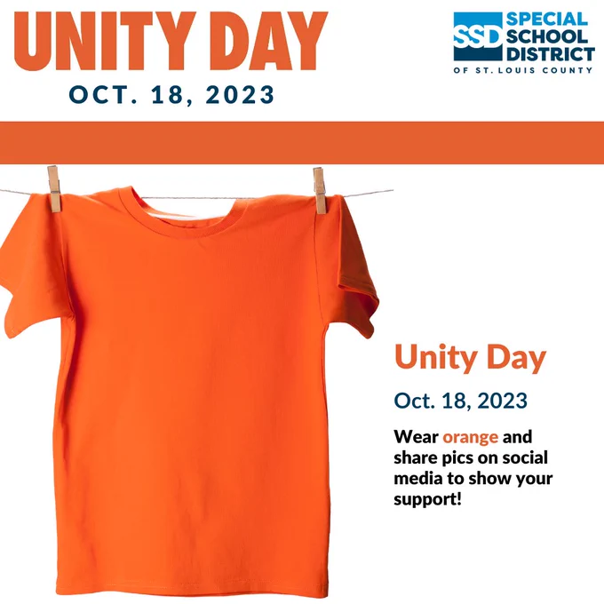 A graphic shows an orange shirt hanging on a line along with the Special School District of St. Louis County logo and the words "Unity Day Oct. 18, 2023; Wear orange and share pics on social media to show your support!"