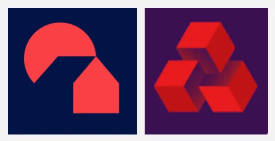Nationwide logo is 2 red geometric shapes - a circle segment and a house shape - on a dark blue purple background. NatWest logo is three red 3D cubes on a dark purple background.