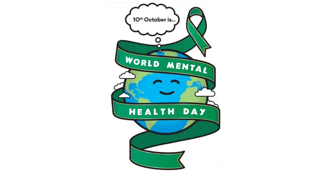 the logo for World Mental Health Day - a cartoon of the Earth with a smiling face and a green ribbon around it which says "World Mental Health Day". Above the Earth is a thought bubble that says "10th October is"