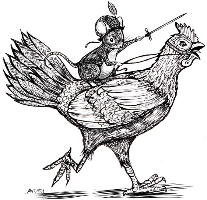 A mouse is riding a chicken. The mice is gesturing for you to read on to learn more about how ANP32 works in mice and chickens.