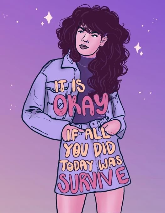 Illustration of a person with long curly hair and matching light blue denim jacket and jeans. They have their hands in their pockets, and on their body there is text that reads, 'it's okay if all you did today was survive'

