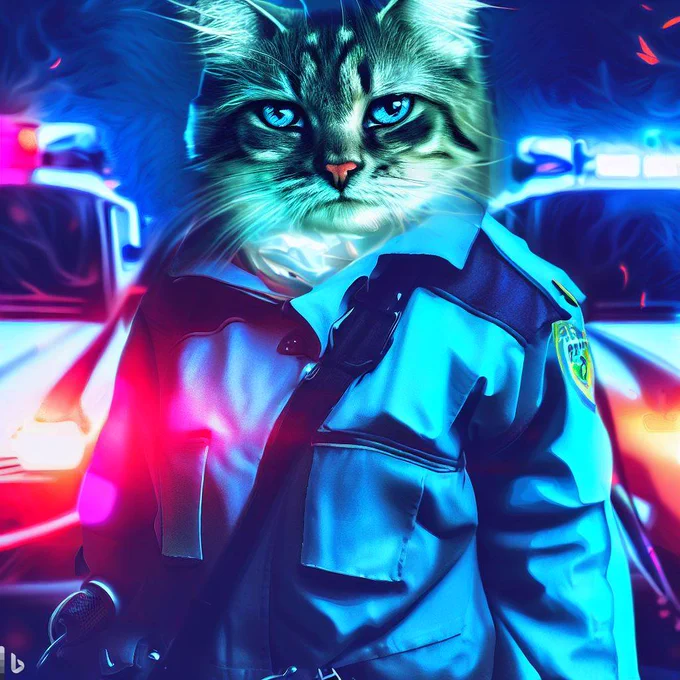 KI generiertes Bild einer Katze in Polizeiuniform vor Streifenwagen mit Blaulicht