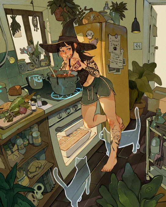 A Witch in a kitchen cooking a magic dish using a pot with some runes on it. There are objects all around the room and a pumpkin on top of the fridge.