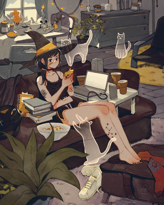 A witch relaxing on the couch checking her phone. Around them there are objects that remind of a party or a study session. Ghost cats are all around them. The whole picture is in tones of black, brown and yellow mostly.
